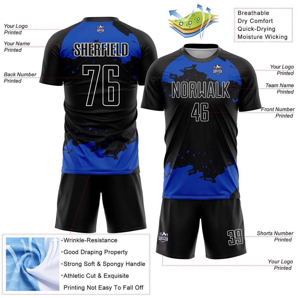 Black Thunder Blue White Abstract Fragment Art Sublimation Soccer Uniform Jersey, Custom Team Soccer Jersey Shirt