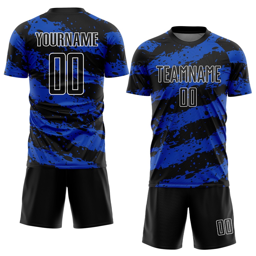 Black Thunder Blue White Splash Sublimation Soccer Uniform Jersey, Custom Team Soccer Jersey Shirt