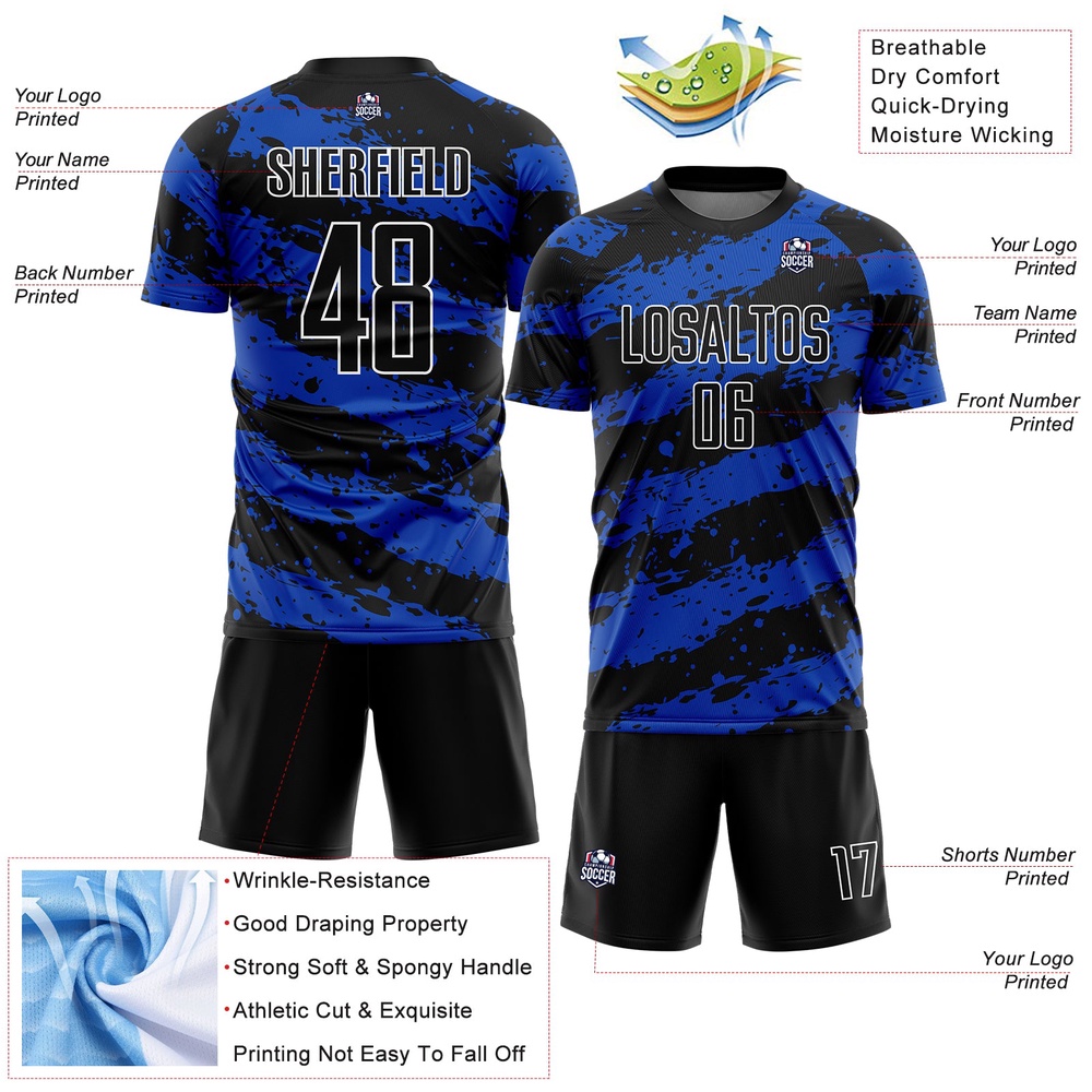 Black Thunder Blue White Splash Sublimation Soccer Uniform Jersey, Custom Team Soccer Jersey Shirt