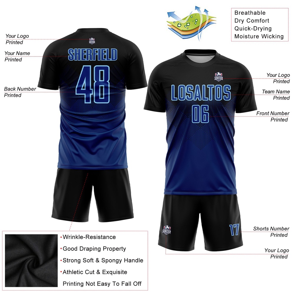 Black US Navy Blue Light Blue Sublimation Soccer Uniform Jersey, Custom Team Soccer Jersey Shirt