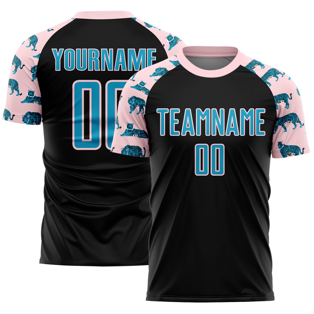 Black US Navy Blue Light Pink Tiger Sublimation Soccer Uniform Jersey, Custom Team Soccer Jersey Shirt Black US Navy Blue Light Pink Tiger Sublimation Soccer Uniform Jersey, Custom Team Soccer Jersey Shirt