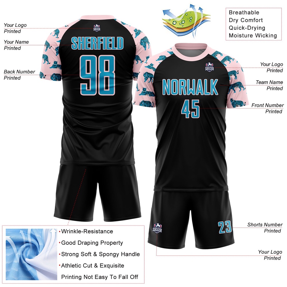Black US Navy Blue Light Pink Tiger Sublimation Soccer Uniform Jersey, Custom Team Soccer Jersey Shirt Black US Navy Blue Light Pink Tiger Sublimation Soccer Uniform Jersey, Custom Team Soccer Jersey Shirt