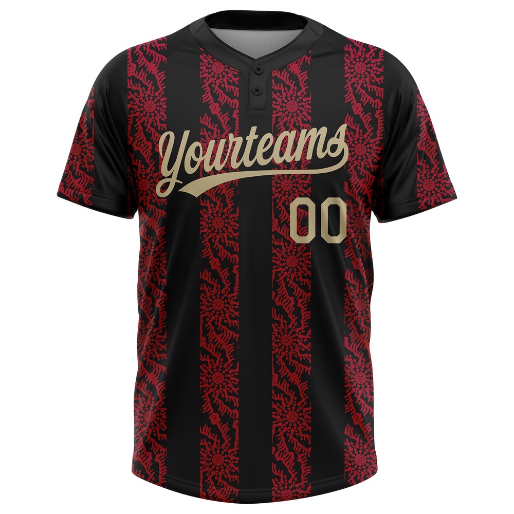 Black Vegas Gold Red 3D Pattern Two Button Unisex Softball Jersey, Custom Team Softball Jersey