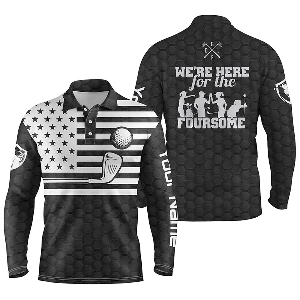 Black White American Flag Men’s Golf Polo Shirts Custom Name We’Re Here For The Foursome Golf Gifts, Golf Polo Shirt, Golf Shirts Black White American Flag Men’s Golf Polo Shirts Custom Name We’Re Here For The Foursome Golf Gifts, Golf Polo Shirt, Golf Shirts
