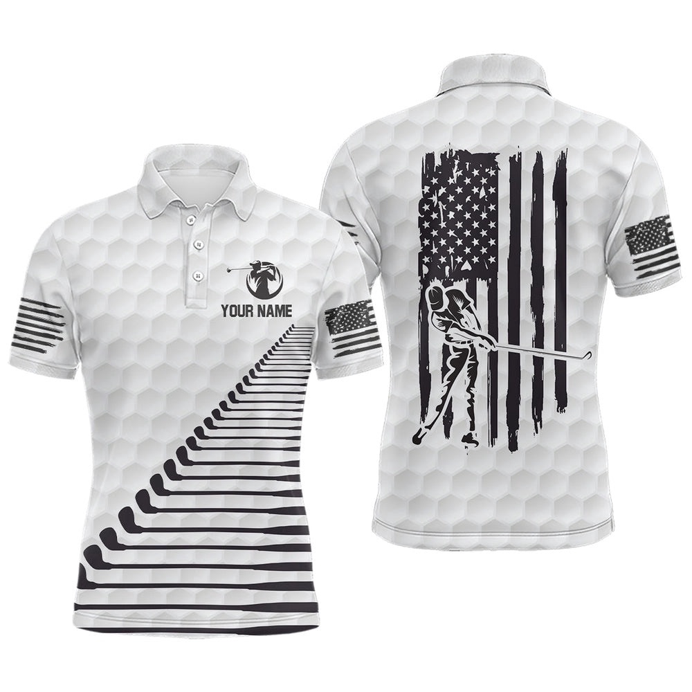 Black White American Flag Men’s Golf Polo Shirts Custom Patriotic Golf Shirts For Men Golf Clubs, Golf Polo Shirt, Golf Shirts