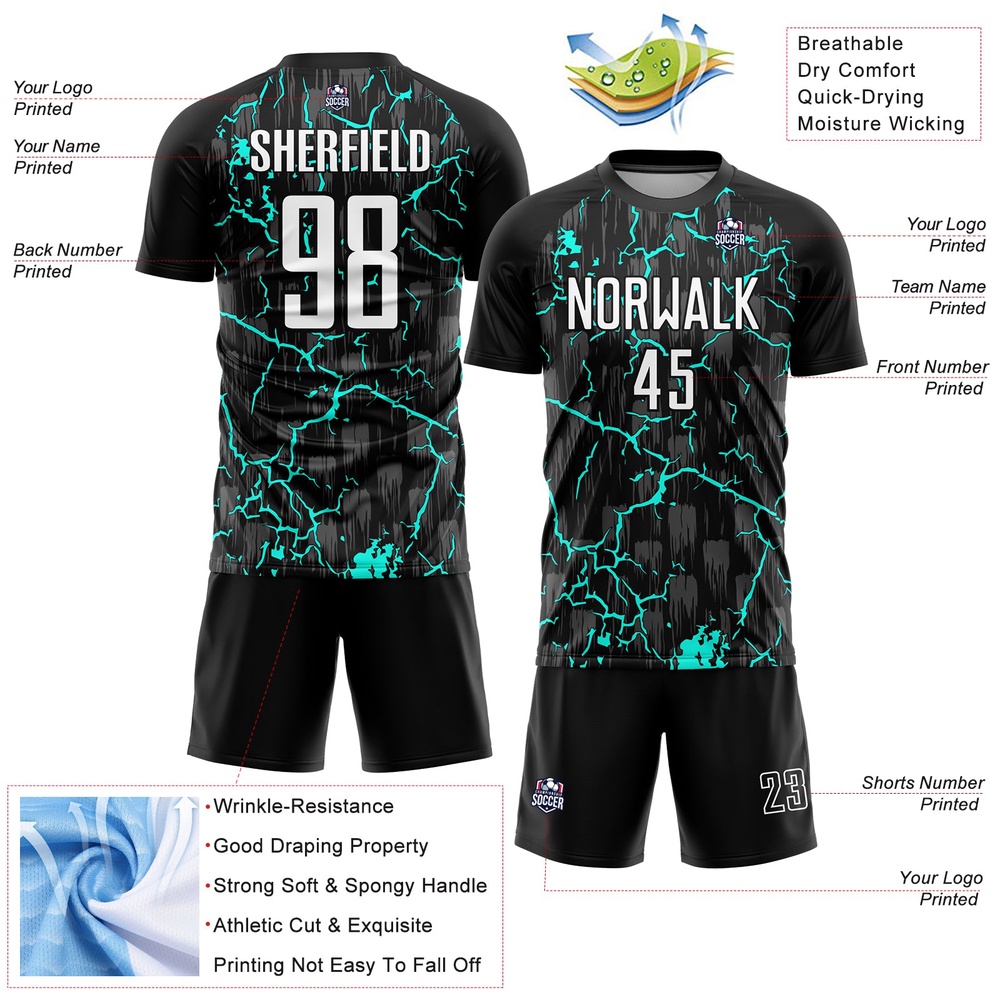Black White Aqua Lightning Sublimation Soccer Uniform Jersey, Custom Team Soccer Jersey Shirt