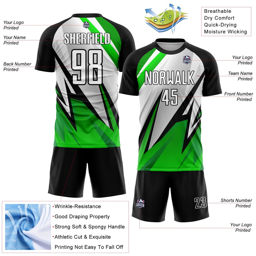 Black White Aurora Green Sublimation Soccer Uniform Jersey, Custom Team Soccer Jersey Shirt