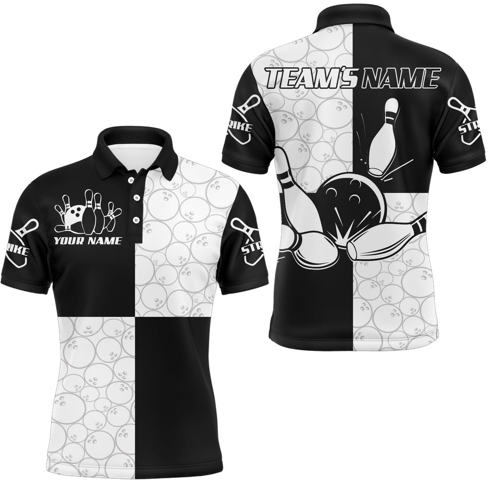 Black & White Bowling Shirt For Men Custom Bowling Team Polo Shirt League Polo Shirt, Personalized Bowling Team Shirt