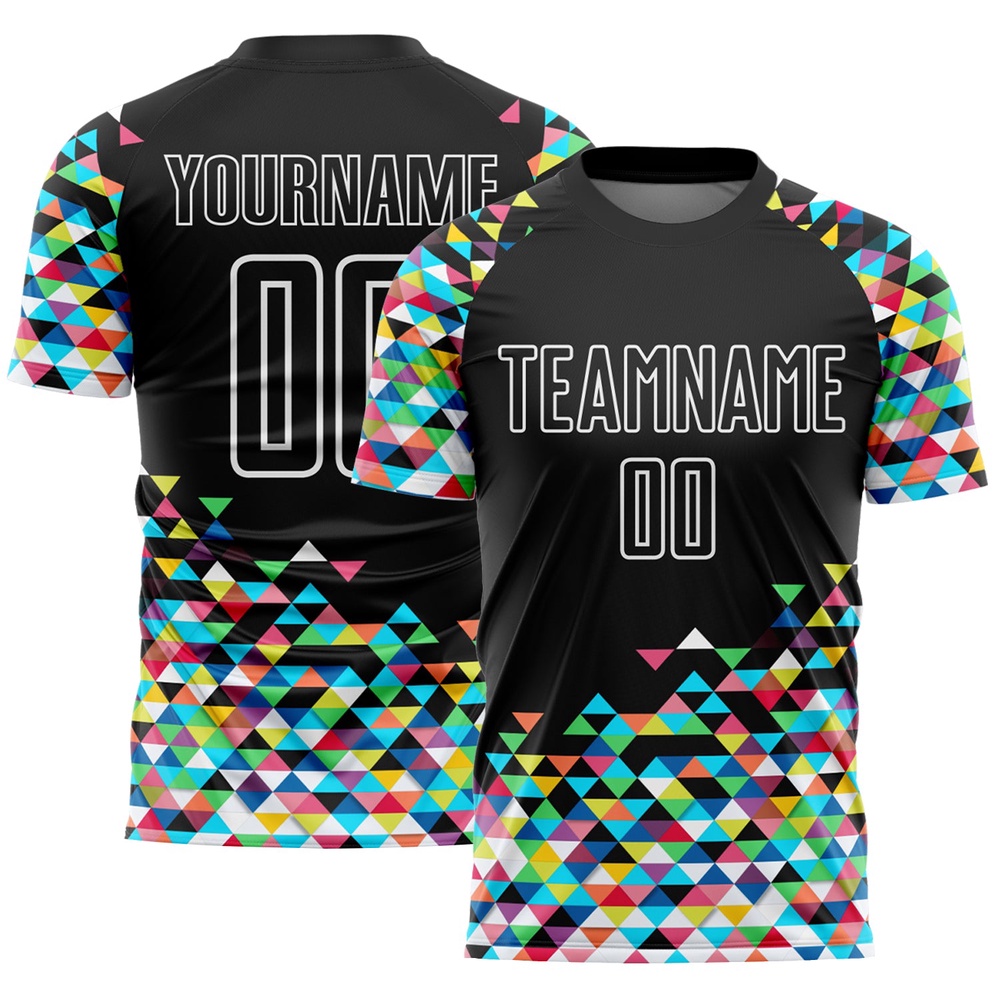 Black White Colorful Geometric Triangle Sublimation Soccer Uniform Jersey, Custom Team Soccer Jersey Shirt Black White Colorful Geometric Triangle Sublimation Soccer Uniform Jersey, Custom Team Soccer Jersey Shirt