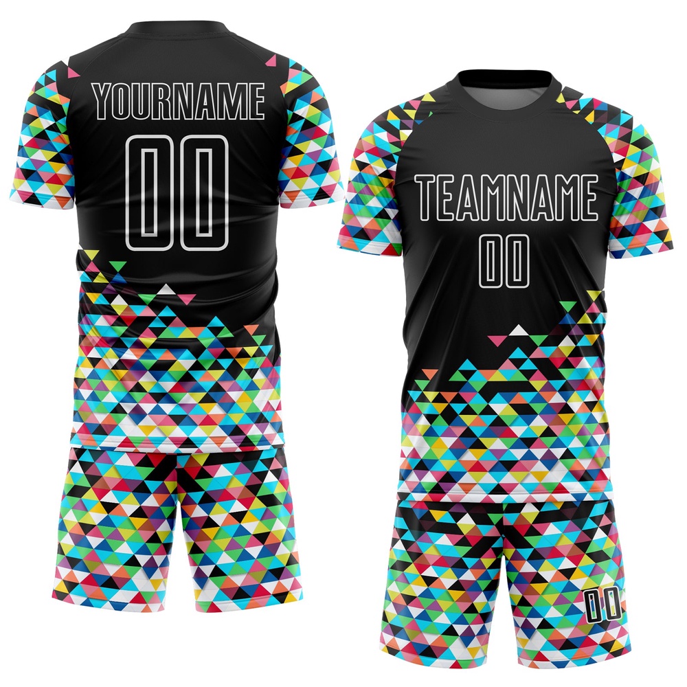 Black White Colorful Geometric Triangle Sublimation Soccer Uniform Jersey, Custom Team Soccer Jersey Shirt Black White Colorful Geometric Triangle Sublimation Soccer Uniform Jersey, Custom Team Soccer Jersey Shirt