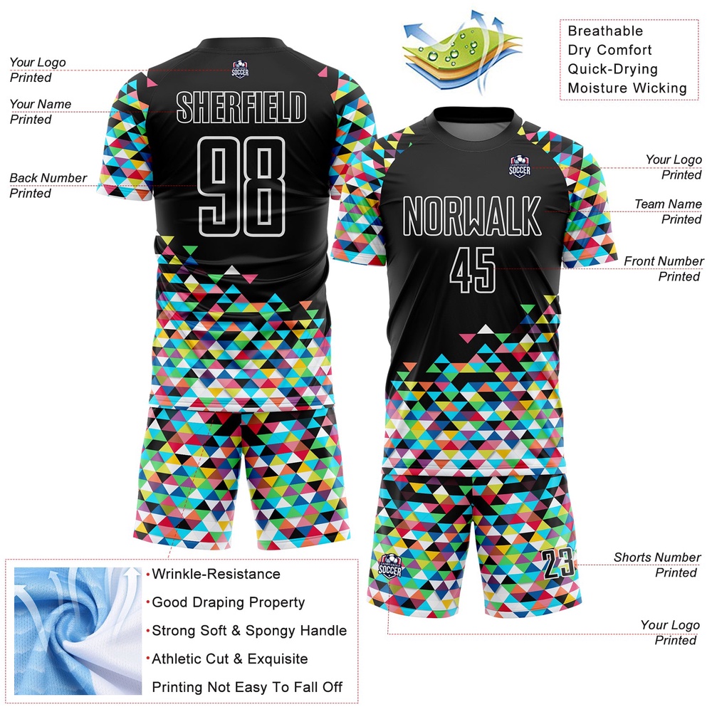Black White Colorful Geometric Triangle Sublimation Soccer Uniform Jersey, Custom Team Soccer Jersey Shirt Black White Colorful Geometric Triangle Sublimation Soccer Uniform Jersey, Custom Team Soccer Jersey Shirt
