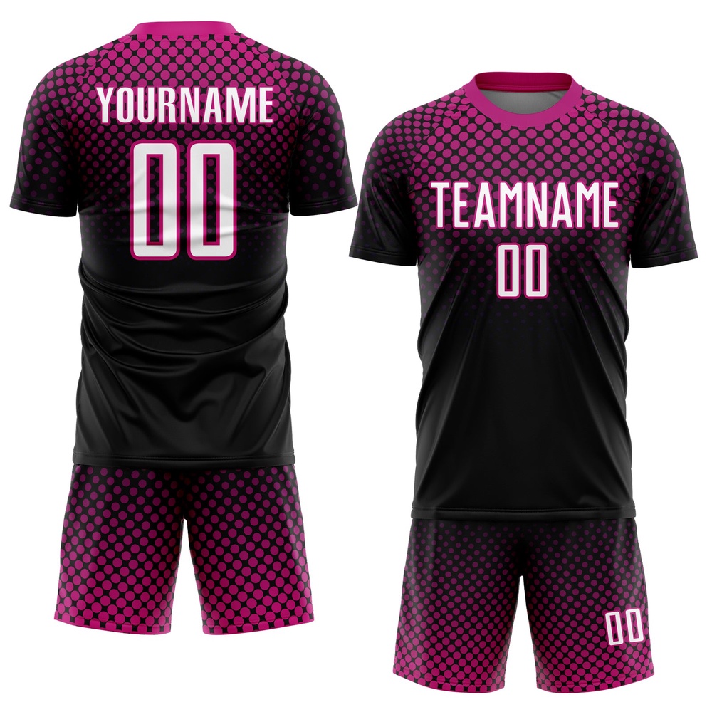 Black White Deep Pink Halftone Dots Sublimation Soccer Uniform Jersey, Custom Team Soccer Jersey Shirt Black White Deep Pink Halftone Dots Sublimation Soccer Uniform Jersey, Custom Team Soccer Jersey Shirt