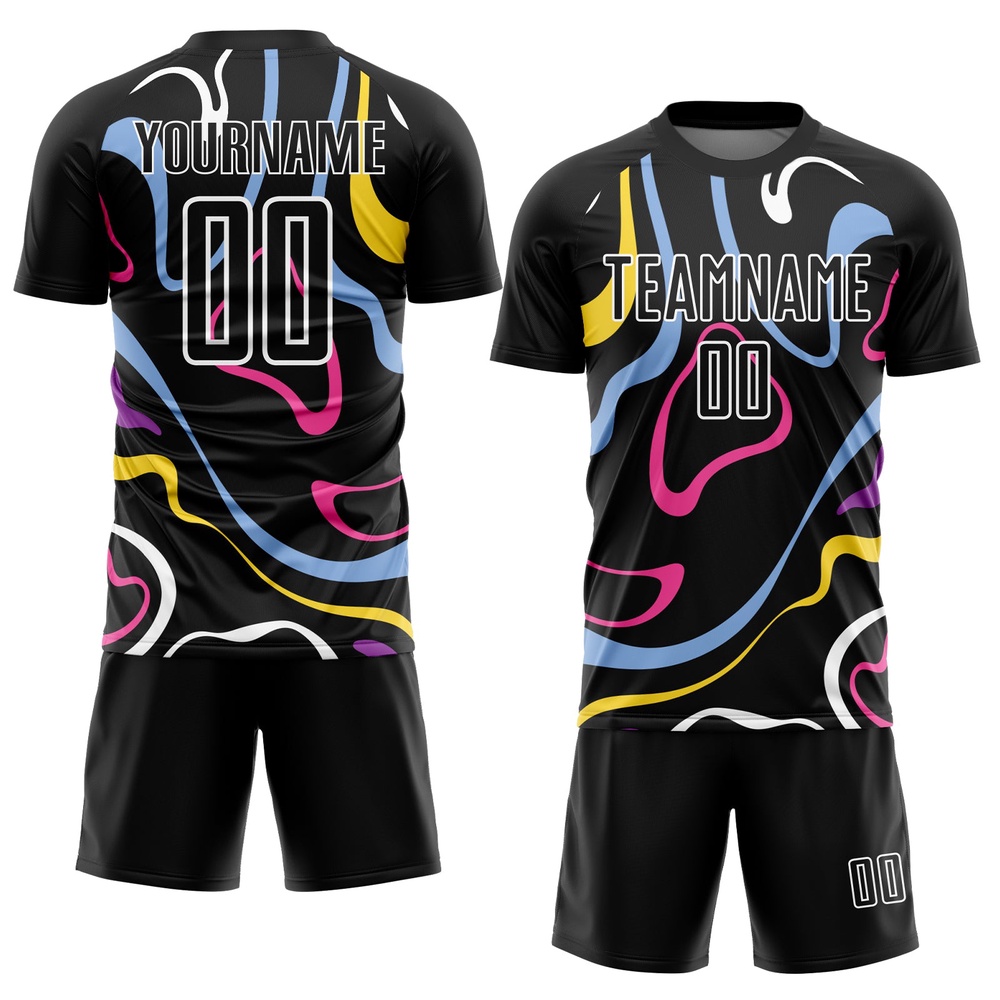 Black White Fluid Shapes Sublimation Soccer Uniform Jersey, Custom Team Soccer Jersey Shirt