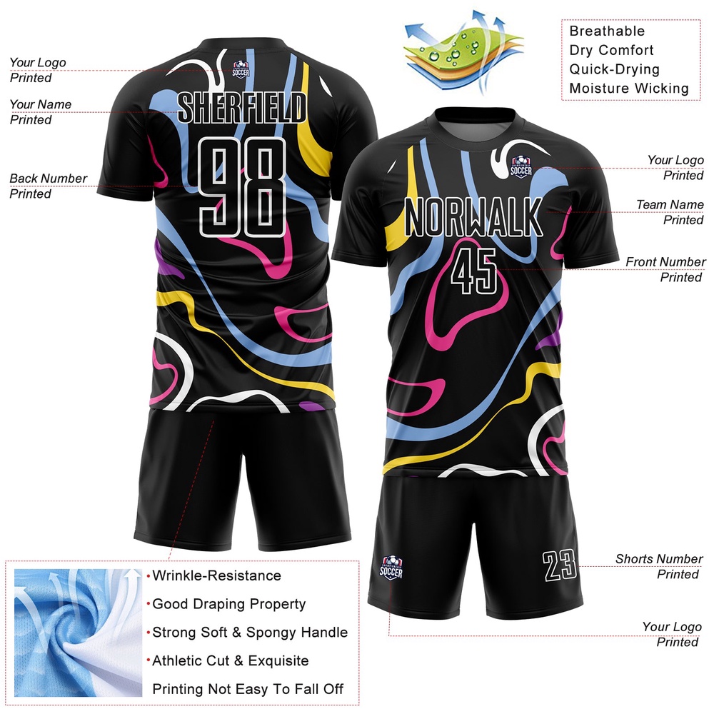 Black White Fluid Shapes Sublimation Soccer Uniform Jersey, Custom Team Soccer Jersey Shirt