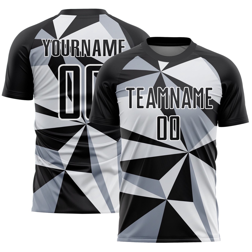 Black White Geometric Pattern Sublimation Soccer Uniform Jersey, Custom Team Soccer Jersey Shirt Black White Geometric Pattern Sublimation Soccer Uniform Jersey, Custom Team Soccer Jersey Shirt