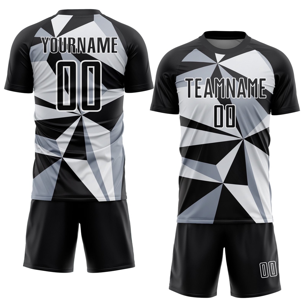 Black White Geometric Pattern Sublimation Soccer Uniform Jersey, Custom Team Soccer Jersey Shirt Black White Geometric Pattern Sublimation Soccer Uniform Jersey, Custom Team Soccer Jersey Shirt
