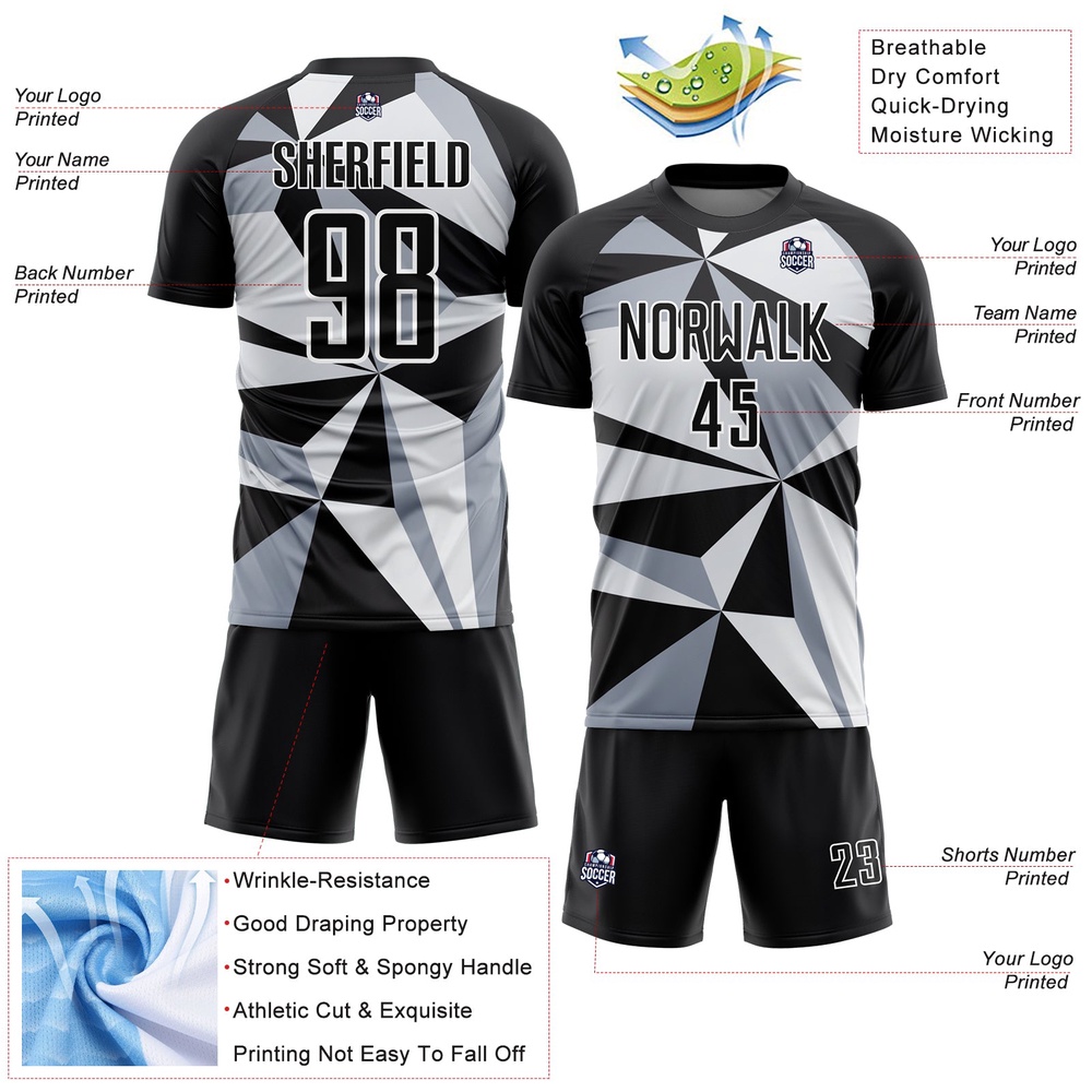 Black White Geometric Pattern Sublimation Soccer Uniform Jersey, Custom Team Soccer Jersey Shirt Black White Geometric Pattern Sublimation Soccer Uniform Jersey, Custom Team Soccer Jersey Shirt