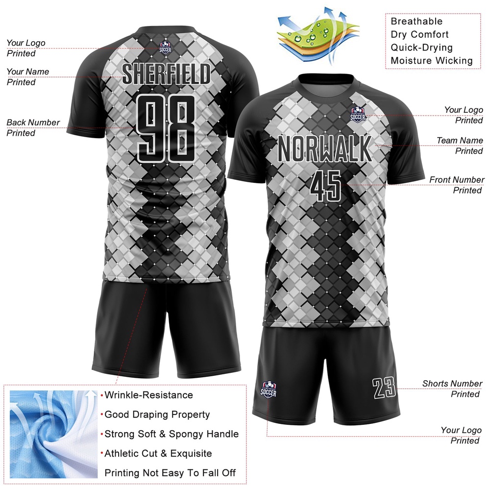 Black White Geometric Shapes Sublimation Soccer Uniform Jersey, Custom Team Soccer Jersey Shirt Black White Geometric Shapes Sublimation Soccer Uniform Jersey, Custom Team Soccer Jersey Shirt