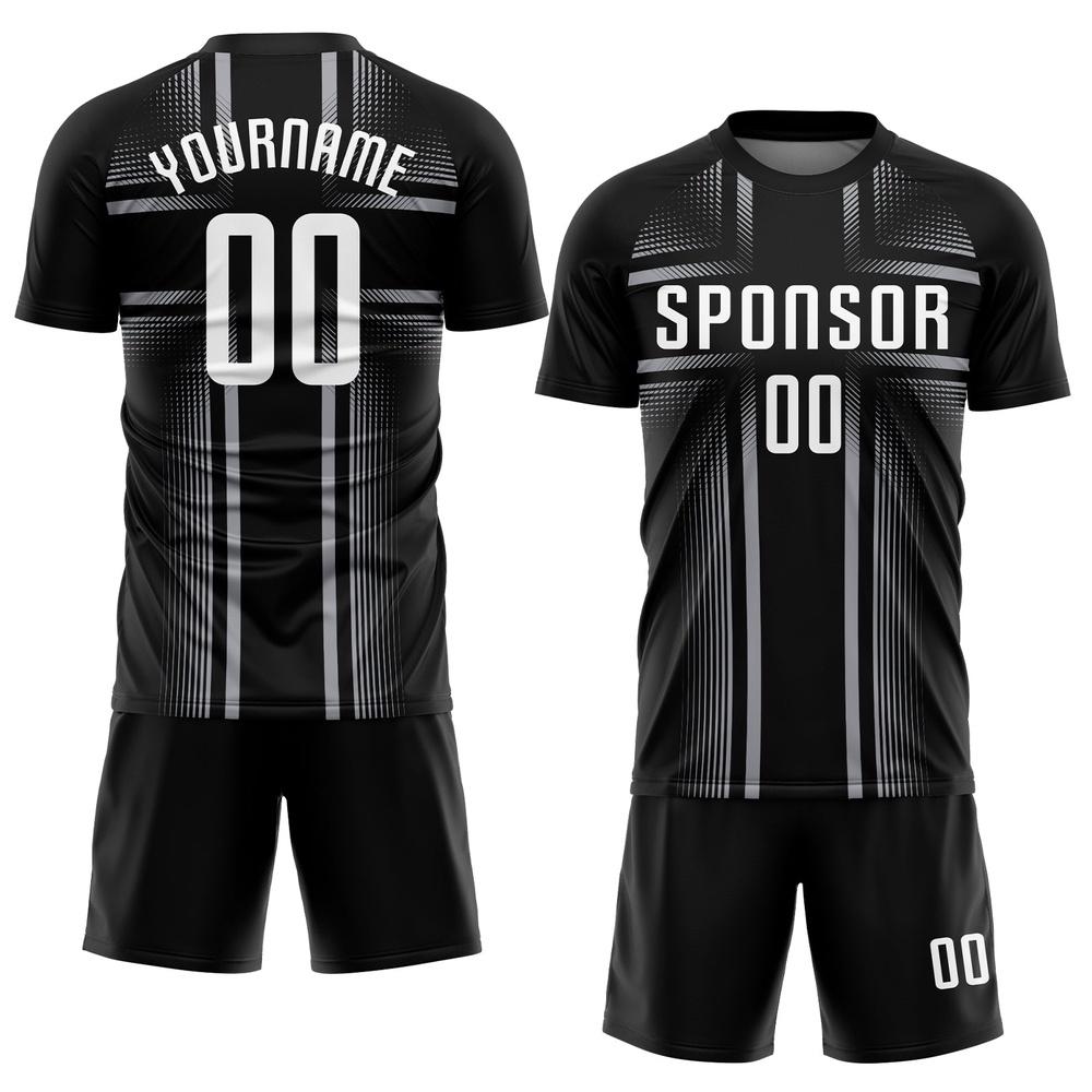 Black White Gray Sublimation Soccer Uniform Jersey, Custom Team Soccer Jersey Shirt Black White Gray Sublimation Soccer Uniform Jersey, Custom Team Soccer Jersey Shirt