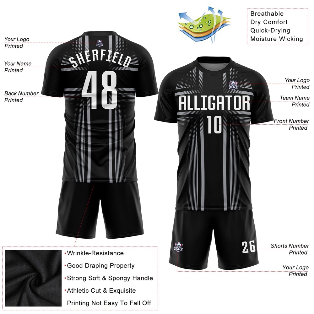 Black White Gray Sublimation Soccer Uniform Jersey, Custom Team Soccer Jersey Shirt Black White Gray Sublimation Soccer Uniform Jersey, Custom Team Soccer Jersey Shirt
