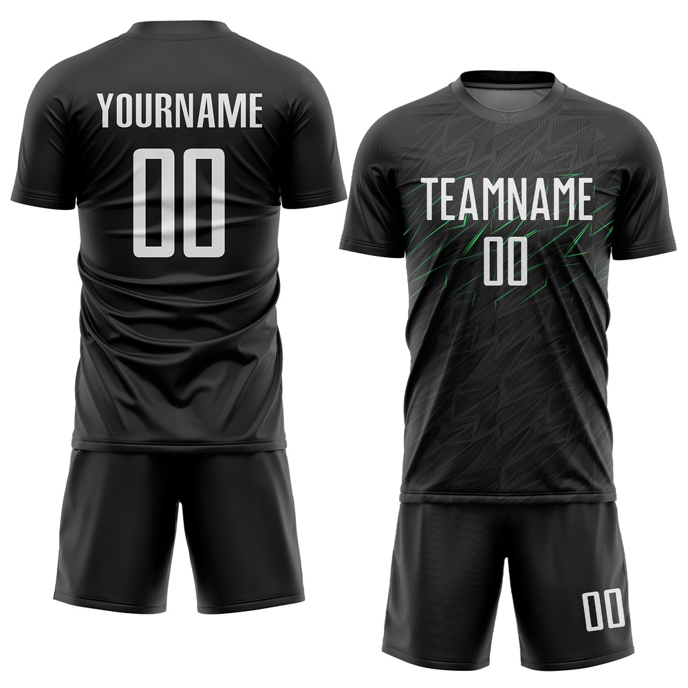 Black White Neon Green Sublimation Soccer Uniform Jersey, Custom Team Soccer Jersey Shirt Black White Neon Green Sublimation Soccer Uniform Jersey, Custom Team Soccer Jersey Shirt