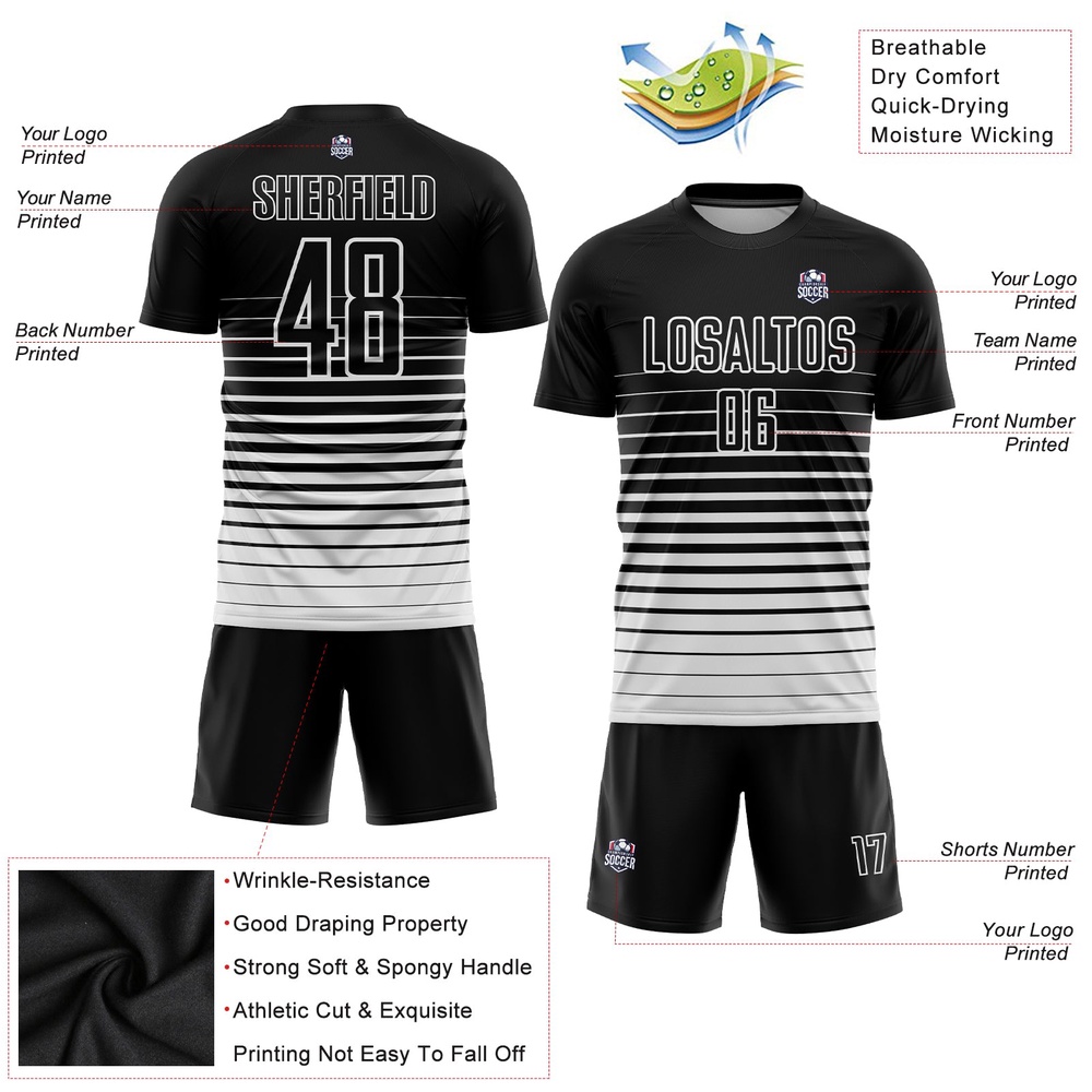 Black White Pinstripe Fade Fashion Sublimation Soccer Uniform Jersey, Custom Team Soccer Jersey Shirt Black White Pinstripe Fade Fashion Sublimation Soccer Uniform Jersey, Custom Team Soccer Jersey Shirt