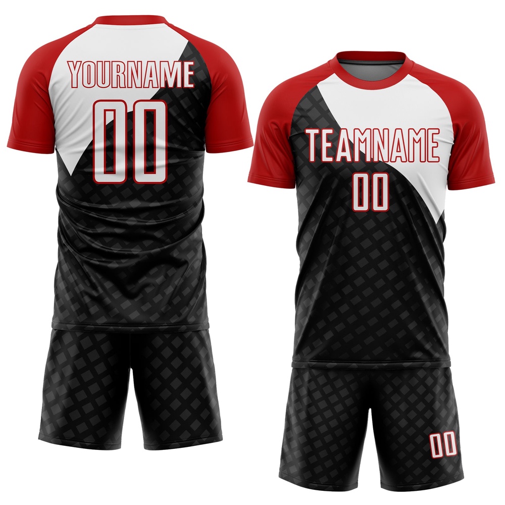 Black White Red Curve Lines Sublimation Soccer Uniform Jersey, Custom Team Soccer Jersey Shirt Black White Red Curve Lines Sublimation Soccer Uniform Jersey, Custom Team Soccer Jersey Shirt
