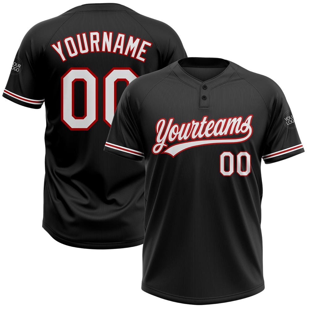 Black White Red Two Button Unisex Softball Jersey, Custom Team Softball Jersey