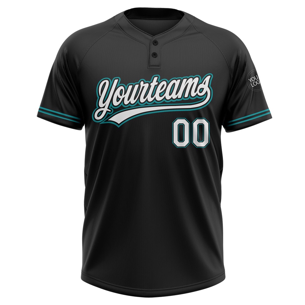 Black White Teal Two Button Unisex Softball Jersey, Custom Team Softball Jersey Black White Teal Two Button Unisex Softball Jersey, Custom Team Softball Jersey