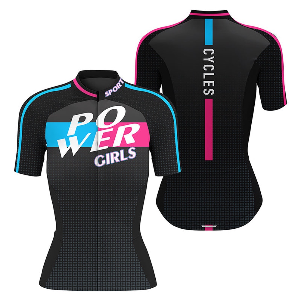 Black Womens Cycling Jersey Power Girl Bike Shirts With 3 Pockets Full Zip Cycle Gear, Custom Mono Cycling Jersey