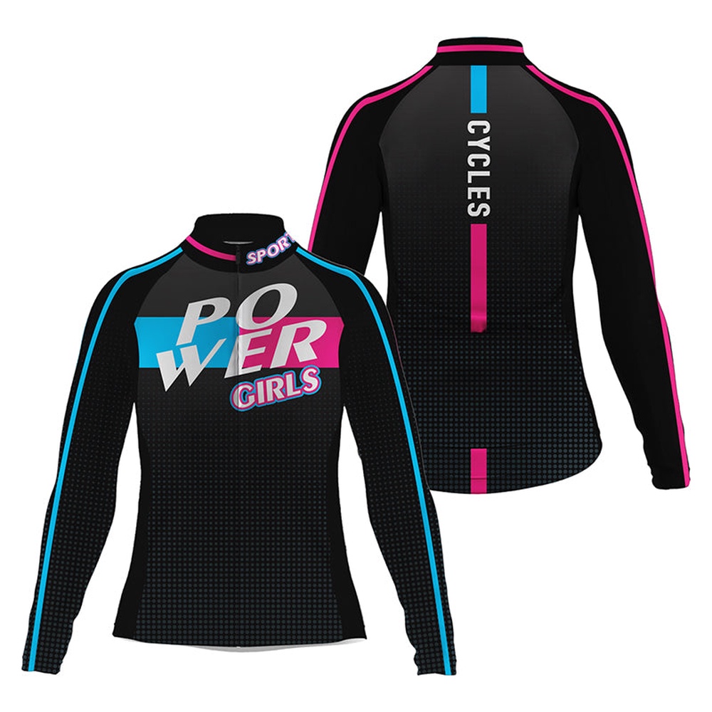 Black Womens Cycling Jersey Power Girl Bike Shirts With 3 Pockets Full Zip Cycle Gear, Custom Mono Cycling Jersey