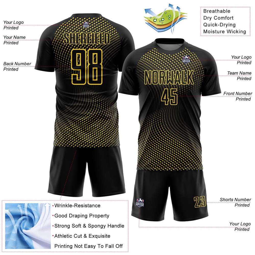 Black Yellow Geometric Lines Sublimation Soccer Uniform Jersey, Custom Team Soccer Jersey Shirt Black Yellow Geometric Lines Sublimation Soccer Uniform Jersey, Custom Team Soccer Jersey Shirt