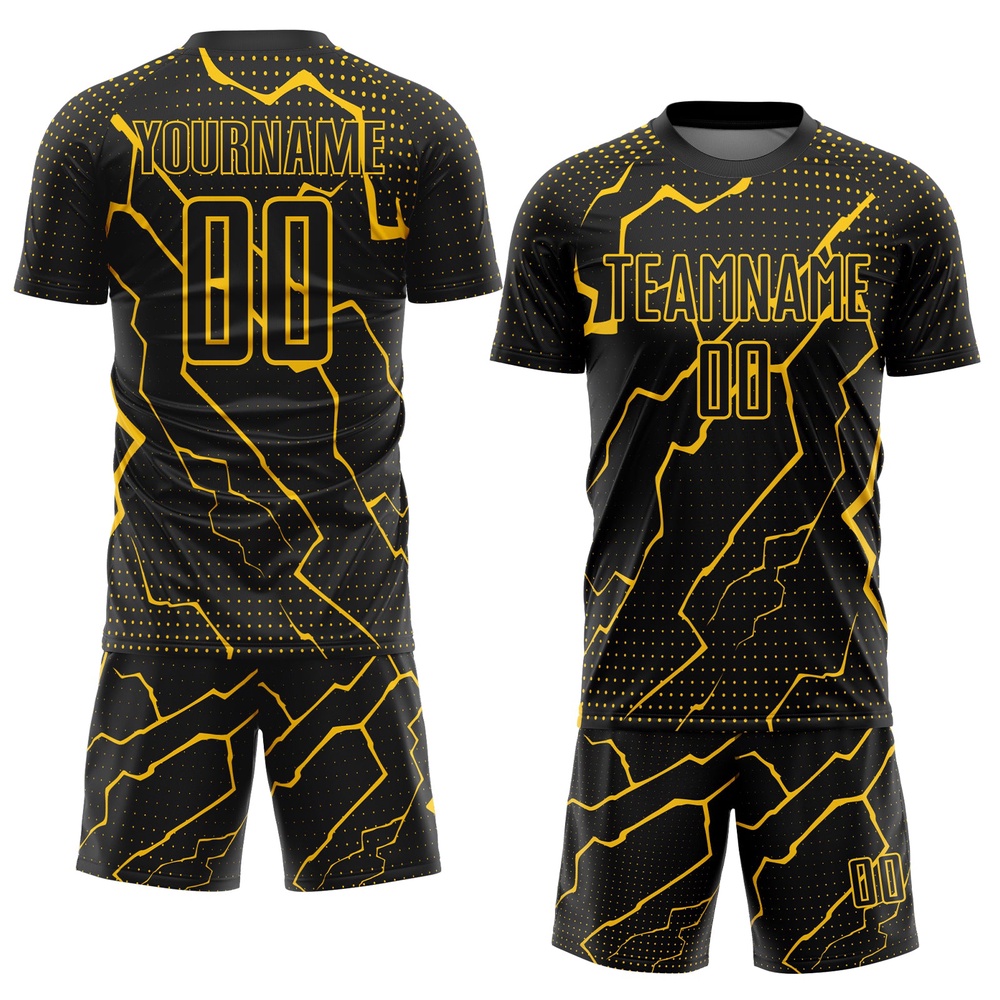 Black Yellow Lightning Sublimation Soccer Uniform Jersey, Custom Team Soccer Jersey Shirt