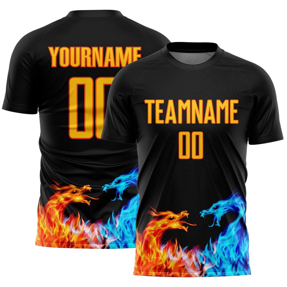 Black Yellow Orange Dragon Flame Sublimation Soccer Uniform Jersey, Custom Team Soccer Jersey Shirt
