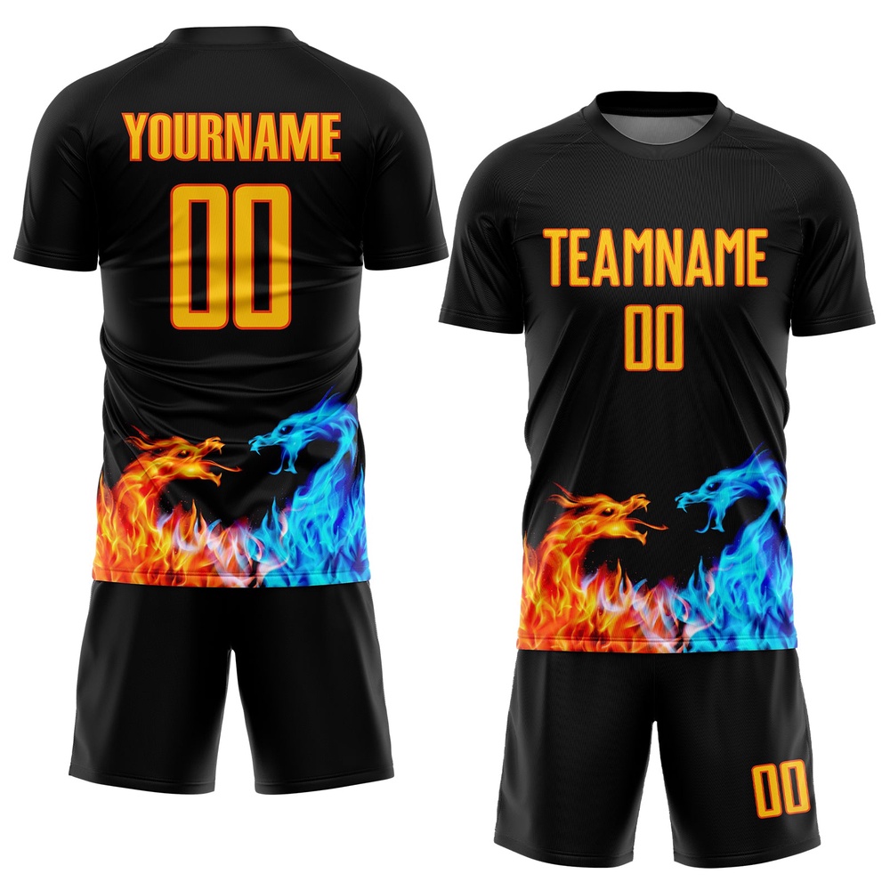 Black Yellow Orange Dragon Flame Sublimation Soccer Uniform Jersey, Custom Team Soccer Jersey Shirt