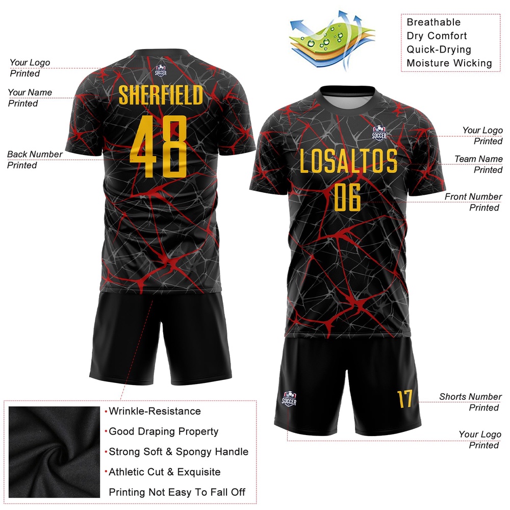 Black Yellow Red Sublimation Soccer Uniform Jersey, Custom Team Soccer Jersey Shirt