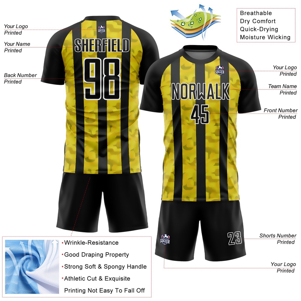 Black Yellow White Sublimation Soccer Uniform Jersey, Custom Team Soccer Jersey Shirt