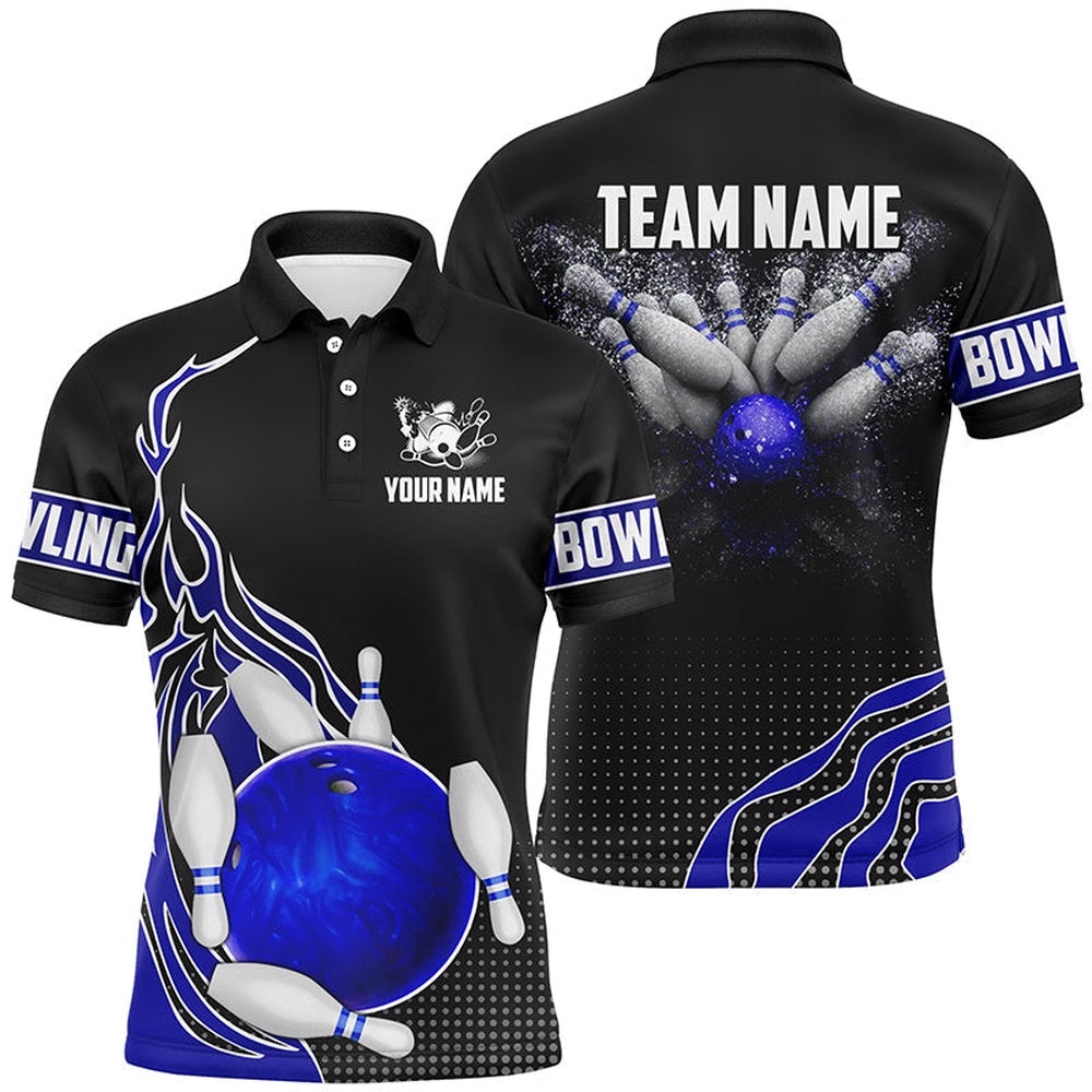Blue And Black Bowling Polo Shirts For Men Custom Bowling Ball Pins Team League Polo Shirt Bowl Gifts, Personalized Bowling Team Shirt