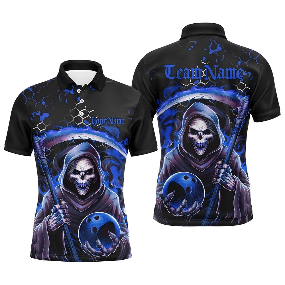 Blue And Black Custom Grim Reaper Bowling Polo Shirts For Men, Halloween Skull Bowling Shirt Outfit, Personalized Bowling Team Shirt Blue And Black Custom Grim Reaper Bowling Polo Shirts For Men, Halloween Skull Bowling Shirt Outfit, Personalized Bowling Team Shirt