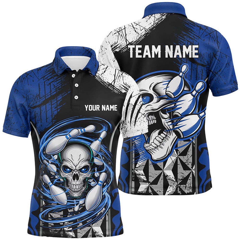 Blue And Black Custom Skull Bowling Shirts, Short Sleeve Bowling Polo Shirts For Men Bowling Uniform, Personalized Bowling Team Shirt