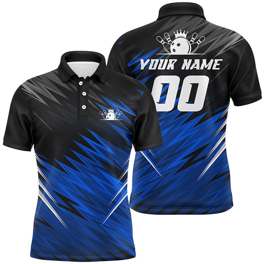 Blue And Black Men Short Sleeve Polo Shirts Custom Bowling Shirts For Men, Team Bowling Polo Shirt Bowler, Personalized Bowling Team Shirt