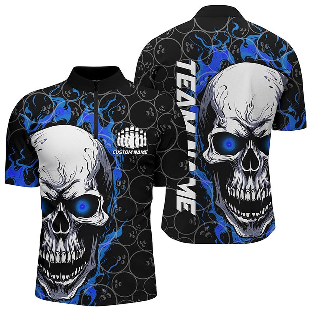 Blue And Black Skull Flame Bowling Shirts For Men, Bowling Team Uniform For Bowlers, Custom Bowling Team Jersey Shirt