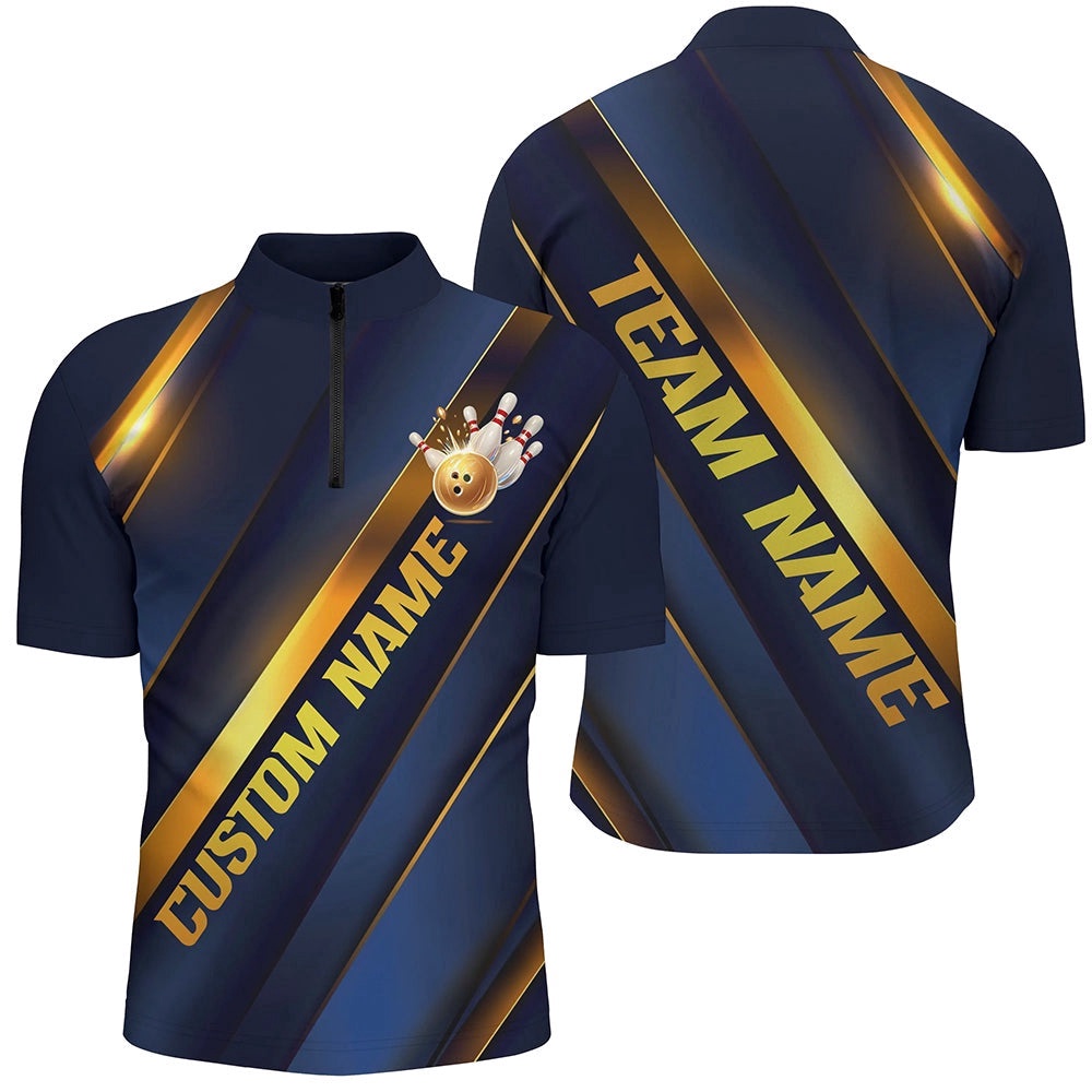 Blue And Gold Bowling Tournament Shirts For Men And Women With Team Name And Bowlers Name, Custom Bowling Team Jersey Shirt