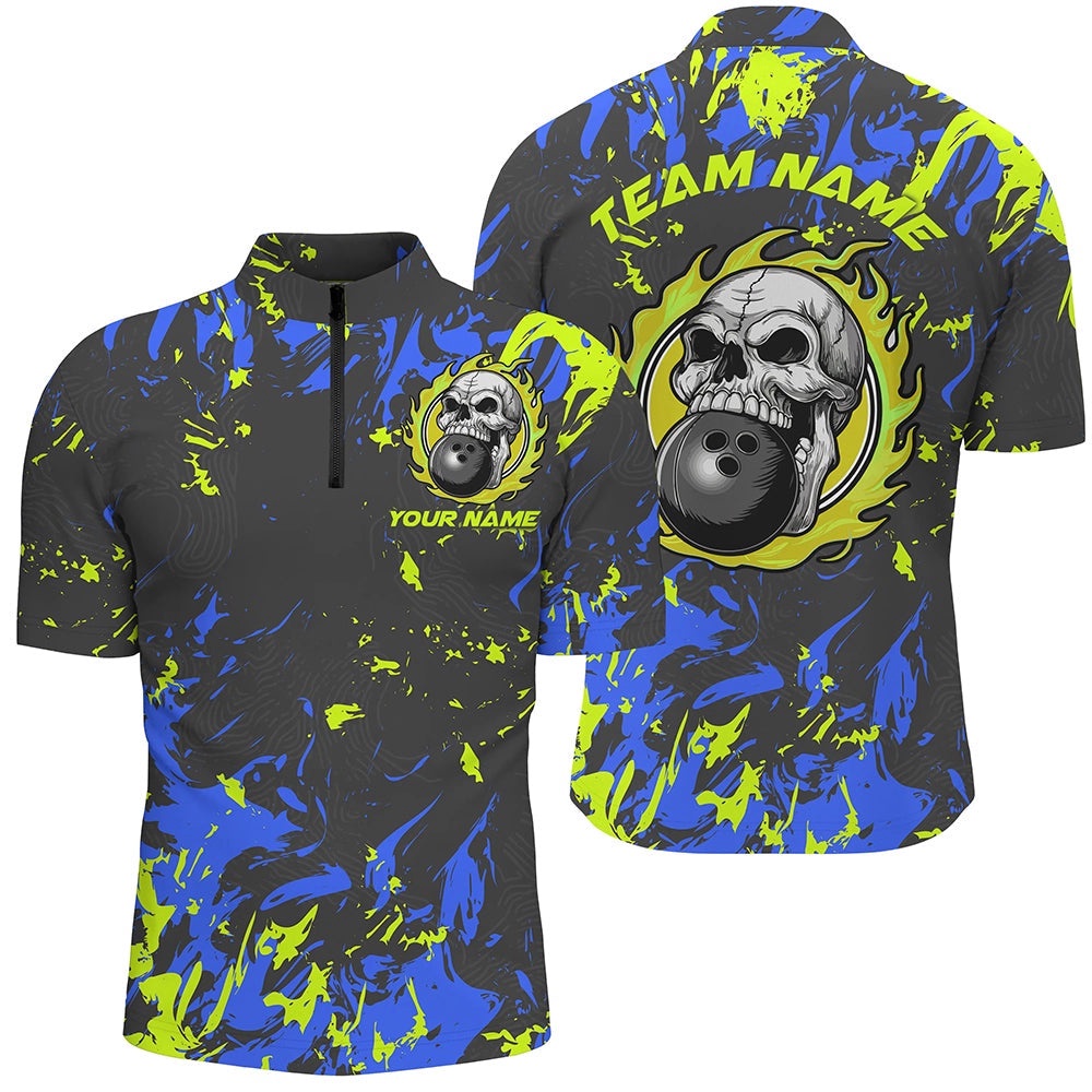 Blue And Green Bowling Jersey For Men And Women, Flame Skull Bowling Team Shirts, Custom Bowling Team Jersey Shirt