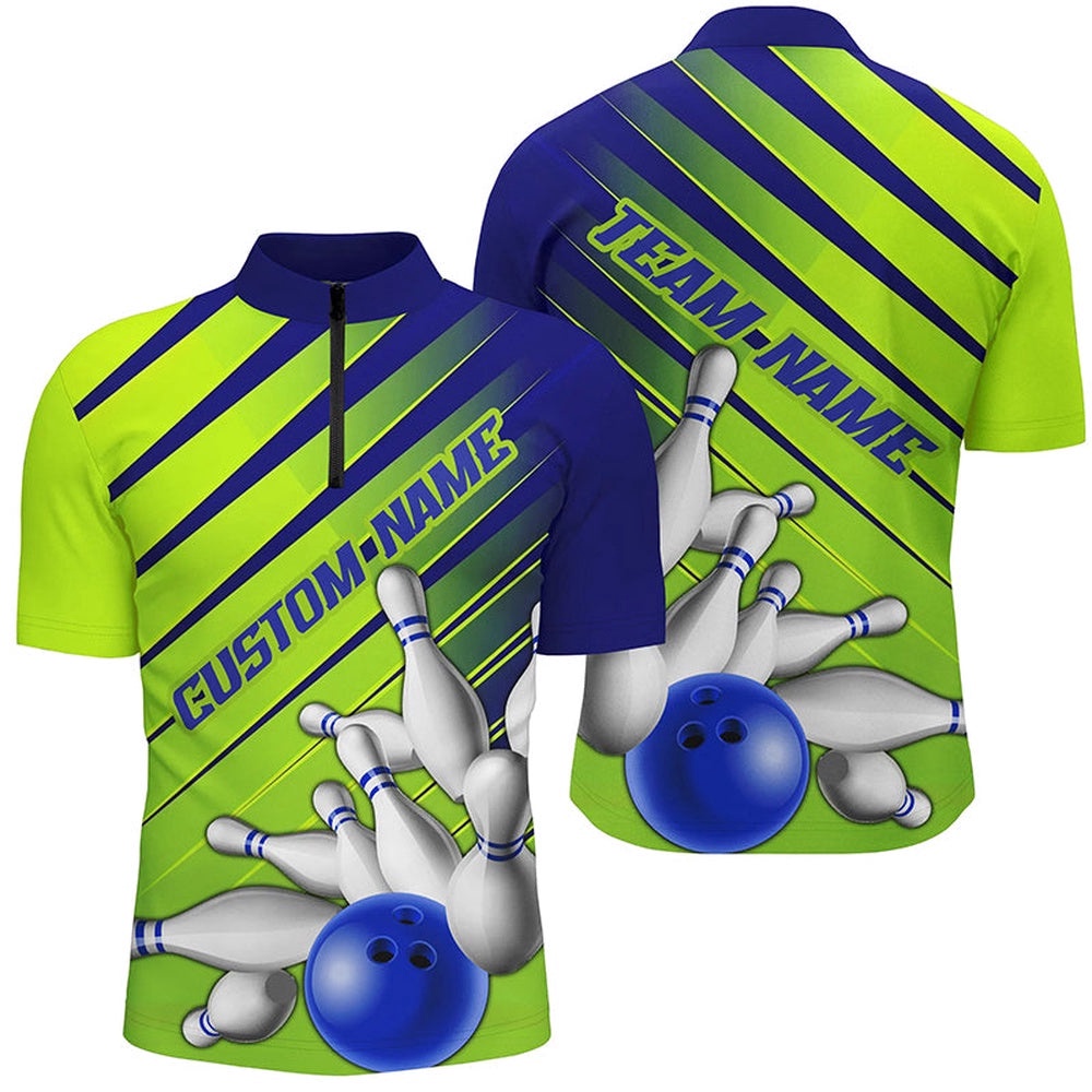 Blue And Green Strike Bowling Shirts For Men And Women, Name Bowling Team Jersey, Custom Bowling Team Jersey Shirt