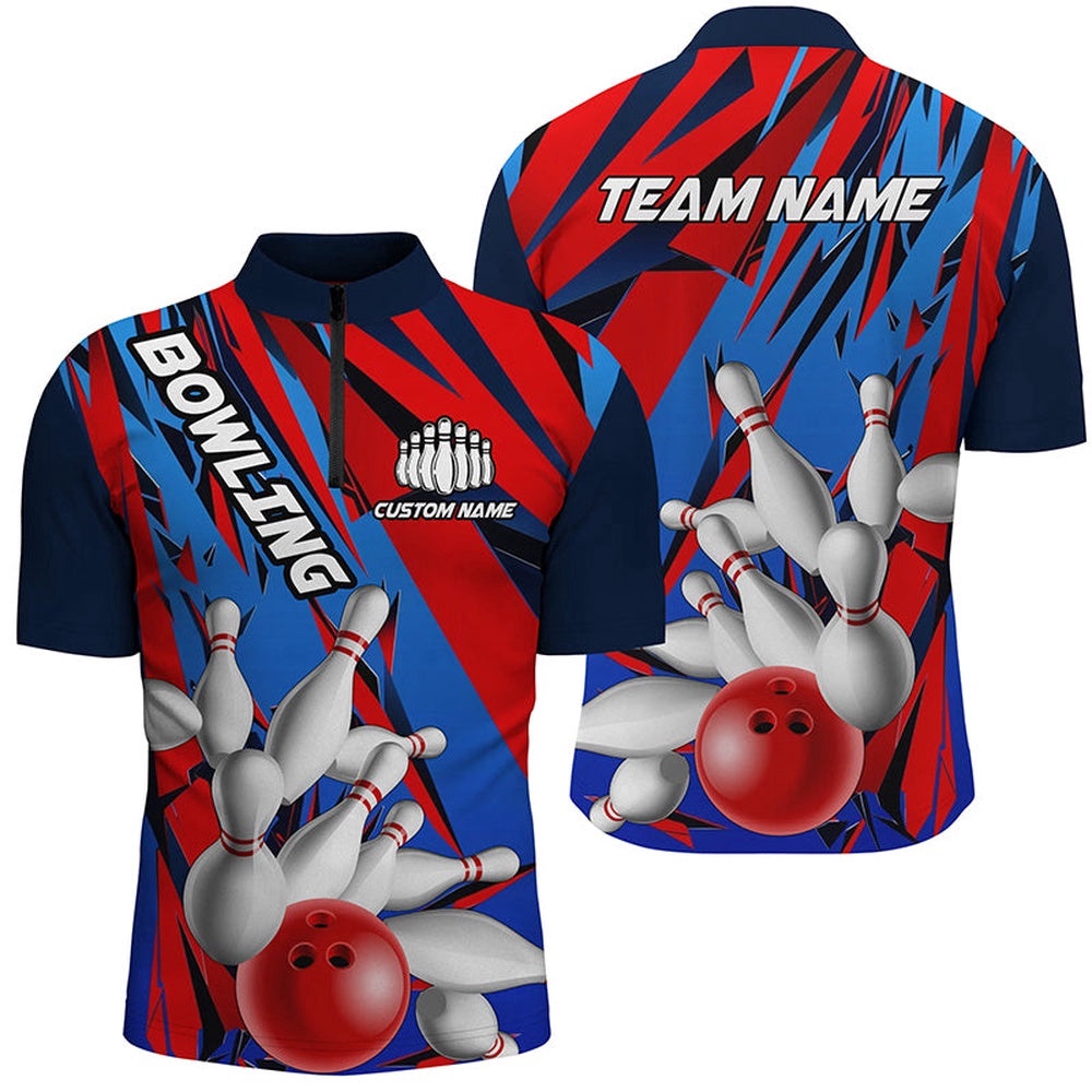 Blue And Red Strike Bowling Team Shirts, Patriotic Unisex Bowling Tournament Jersey, Custom Bowling Team Jersey Shirt