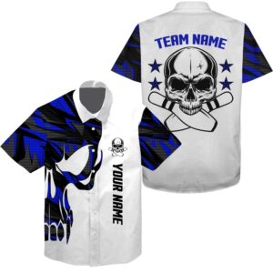Blue And White Bowling Hawaiian Shirt Skull…