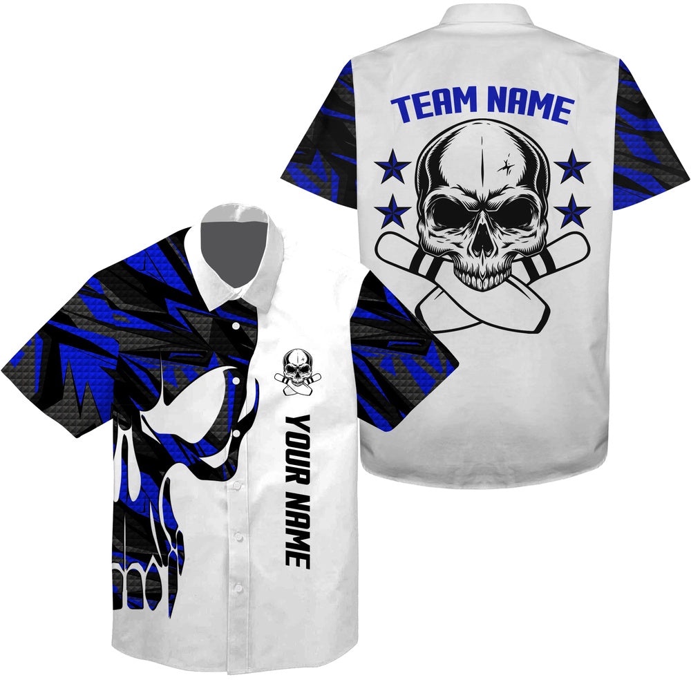 Blue And White Bowling Hawaiian Shirt Skull Bowling, Custom Team Bowling Hawaiian Shirt
