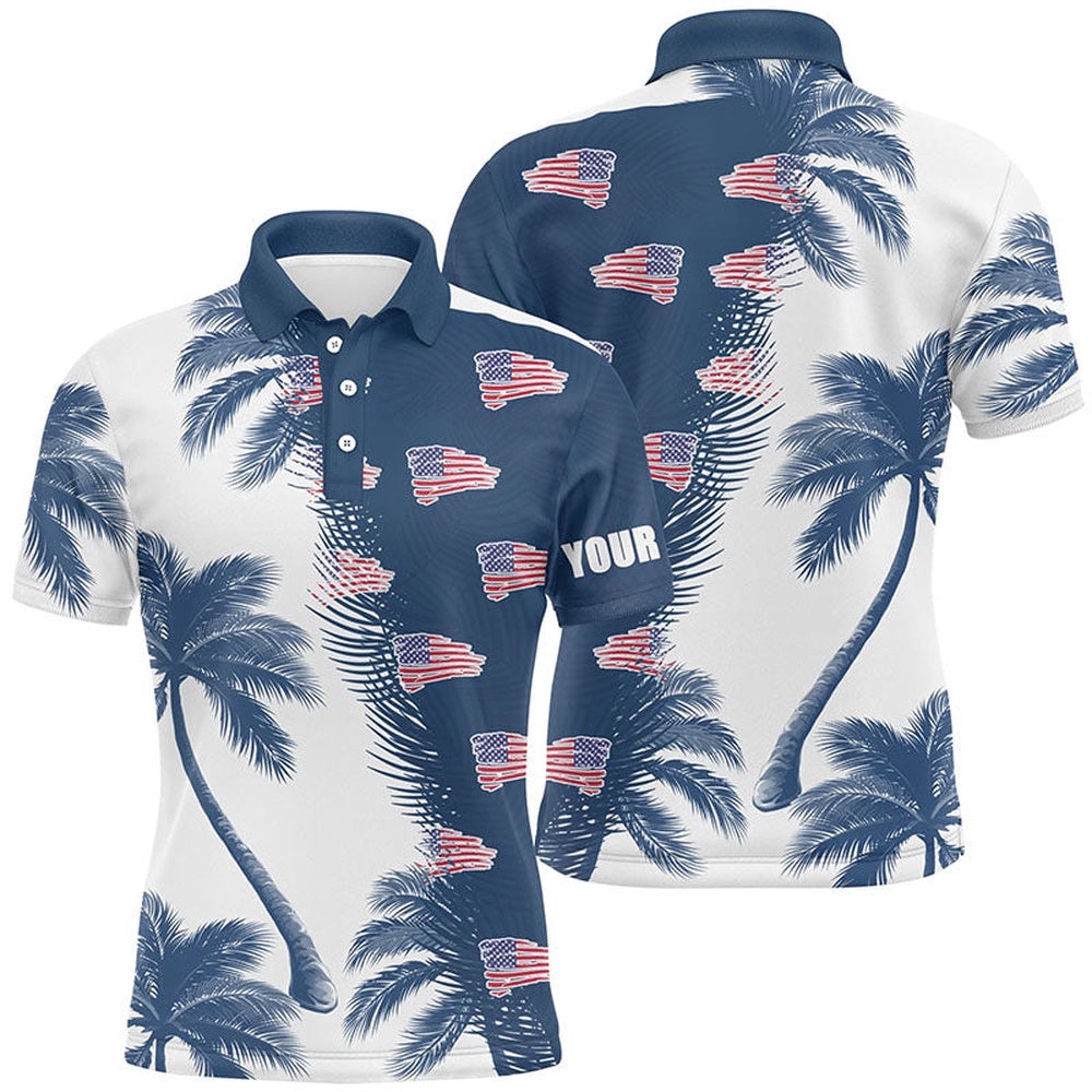 Blue And White Palm Tree Pattern American Flag Men’s Golf Polo Shirts Personalized Golf Outfit Men, Golf Polo Shirt, Golf Shirts