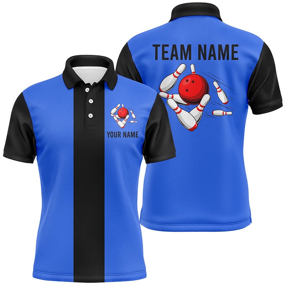 Blue Black Retro Bowling Polo Shirts For Men Custom Vintage Bowling Team Polo Shirt, Personalized Bowling Team Shirt Blue Black Retro Bowling Polo Shirts For Men Custom Vintage Bowling Team Polo Shirt, Personalized Bowling Team Shirt